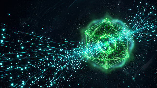 Abstract digital technology background featuring a glowing green polygonal geometric shield and futuristic cyber network particle streams