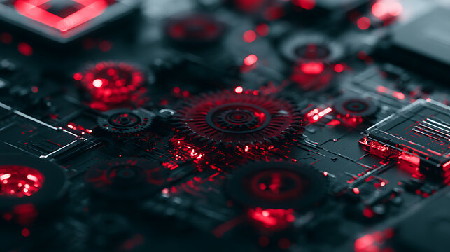 A detailed view of robot gears and circuits glowing under soft lighting