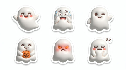 Obraz premium Set Of Cute 3d Cartoon Ghost Stickers With Various Expressions For Halloween