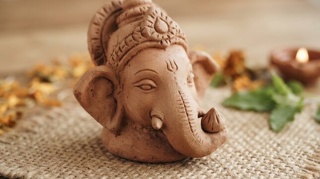 Eco friendly clay Ganesha idol for Ganesh Chaturthi festival, small terracotta Lord Ganpati statue on burlap background with diya lamp, spiritual Hindu deity sculpture for home decor