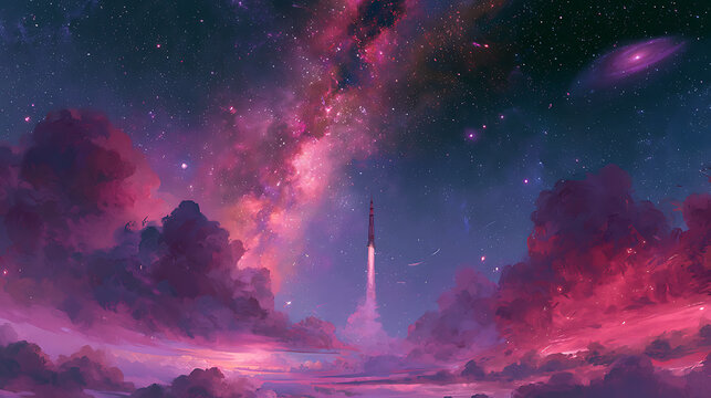 A rocket soaring through a dramatic sky filled with stars, galaxies, and nebulae (1)