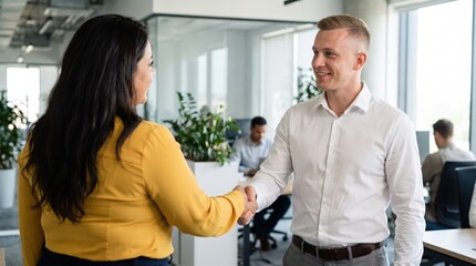 Fototapeta premium Generative AI, Colleagues shaking hands in a busy modern office