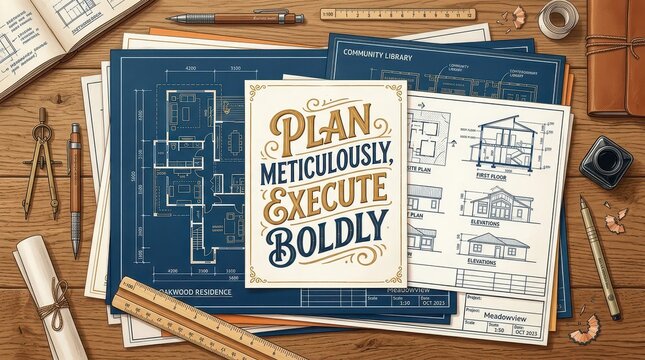 Overhead view of architectural blueprints, drafting tools, and inspirational quote for planning and execution in business