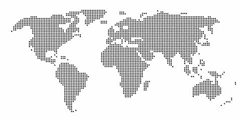 world map silhouette created with black dots on white background geography global continents oceans cartography vector graphic design modern simple © Bebdas
