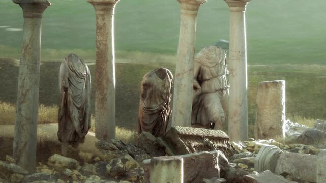 Ruins of ancient columns and statues stand in a grassy area during sunset. Some statues are broken, and the landscape offers a view of distant hills and fields.