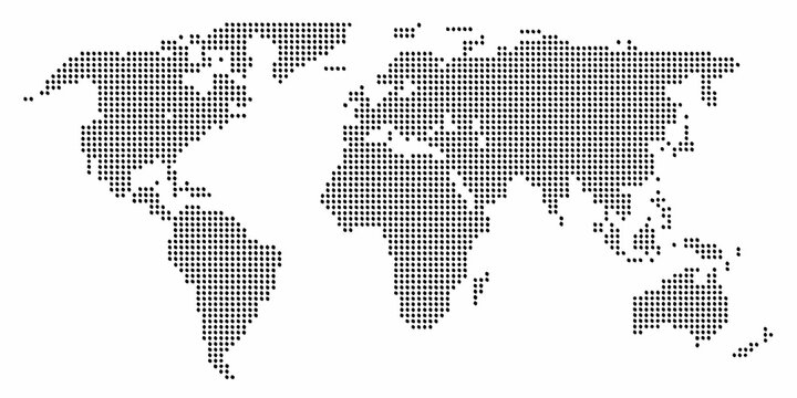 world map silhouette created with black dots on white background geography global continents oceans cartography vector graphic design pattern modern
