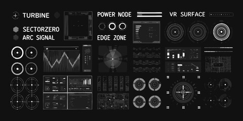 comprehensive set of industrial micrographics featuring various mechanical components turbine power node surface sectorzero arc signal edge zone vector illustration © Bebdas