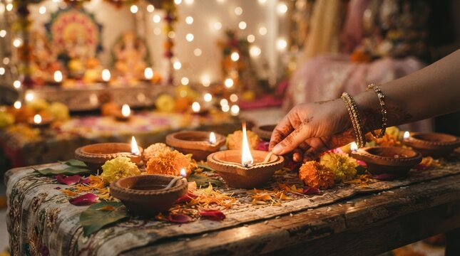 Indian woman lighting traditional clay diya oil lamp for festive celebration, close up of hand with bangles, warm glowing bokeh background, spiritual ritual concept