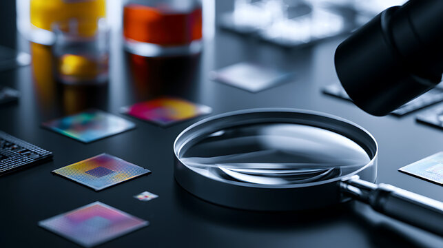 Close-up of delicate semiconductor chips being inspected with magnifying instruments (2)