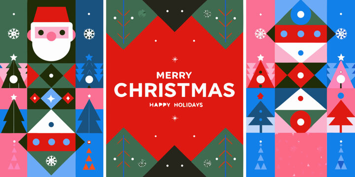modern geometric christmas posters with abstract shapes and festive colors santa trees snowflakes stars vector illustration pattern design holiday greeting