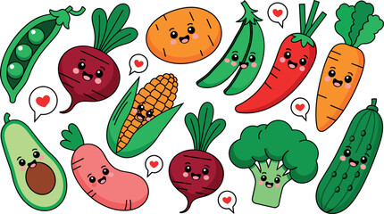Fototapeta premium Cute kawaii vegetable character vector set with smiling faces hearts and happy healthy cartoon food elements for kids