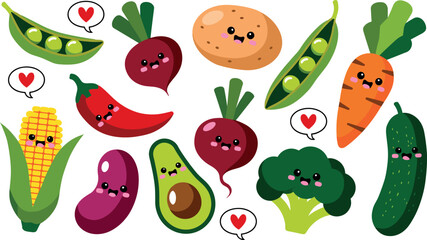 Fototapeta premium Cute kawaii vegetable character vector set with smiling faces hearts and happy healthy cartoon food elements for kids