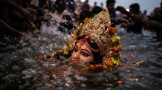 Goddess Durga idol immersion in water, traditional Hindu deity statue submerged during religious ritual, symbolic spiritual cleansing and farewell ceremony