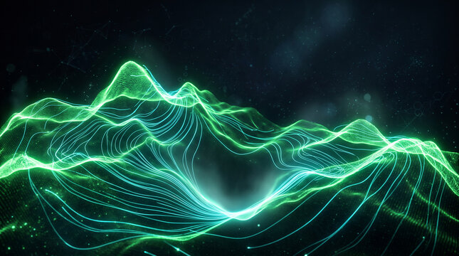 Abstract quantum bit array concept with glowing green and cyan digital wave lines forming a futuristic cyber data topography background