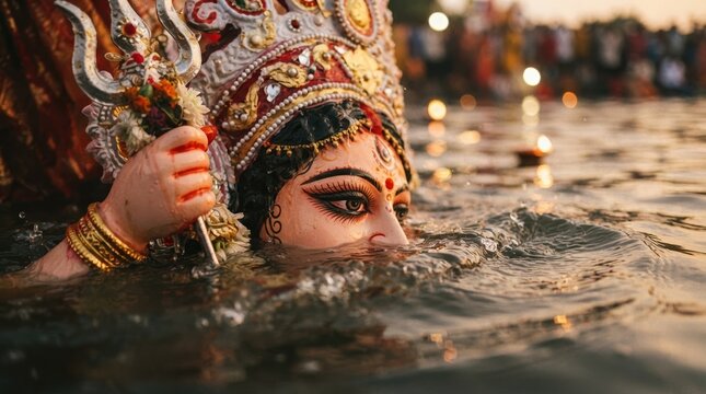Durga Idol Immersion Ritual in River Water, Traditional Hindu Goddess Statue Submersion Ceremony, Spiritual Cultural Festival Celebration Concept, Religious Art Sculpture