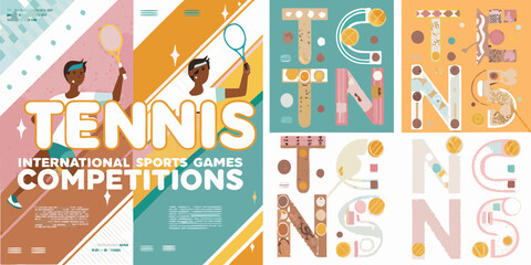 Fototapeta premium tennis players in vibrant vector illustration with colorful geometric patterns sports competition international games racket ball activity fitness health dynamic