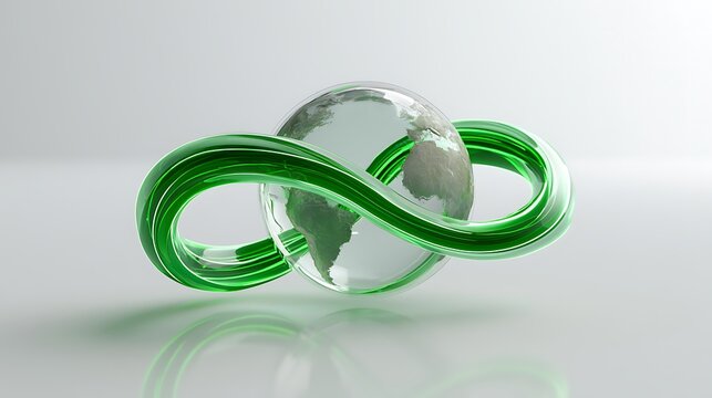 Glowing green infinity loop surrounding a transparent earth, circular economy concept,