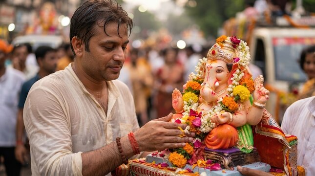 Devout Indian man holding Ganesha idol during religious street procession, spiritual faith and cultural tradition concept, close up portrait of male devotee