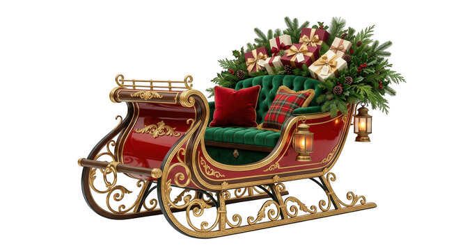 Red christmas santa sleigh with gifts and evergreen tree branches isolated on transparent background