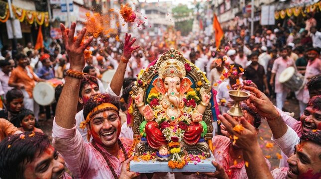 Joyful Indian men celebrating religious festival carrying Ganesha idol statue in crowded street parade, cultural devotion and spiritual community unity concept