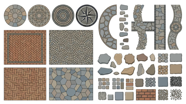 Stone paving vector set, cobblestone walkway and brick patio textures, garden path landscaping elements for architectural design and site planning