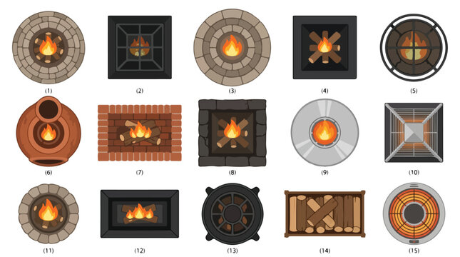 Outdoor fire pit top view icons, 15 backyard fireplace and stone campfire vector set, garden patio heating elements for landscape design