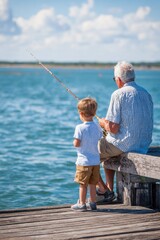 Fototapeta premium Man teaches a young boy to fish from a wooden pier during a sunny day by the water in a coastal area with blue skies and calm waves