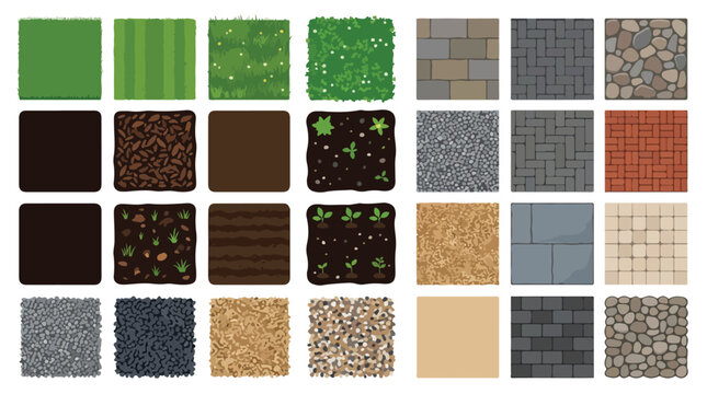 Top view landscape texture set with 24 vector icons, garden ground materials including grass, soil, stone, and brick, outdoor paving and terrain patterns