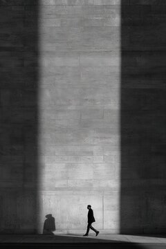 Dramatic shadow play shows a person walking past a textured wall during the day with clear outlines of shadows cast on the surface