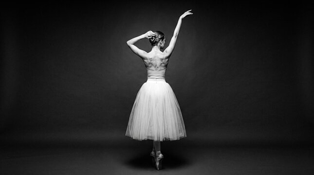 Black and white portrait of ballerina in tutu from behind