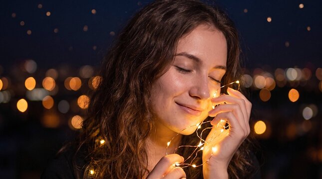 Woman smiling while holding glowing string lights at night