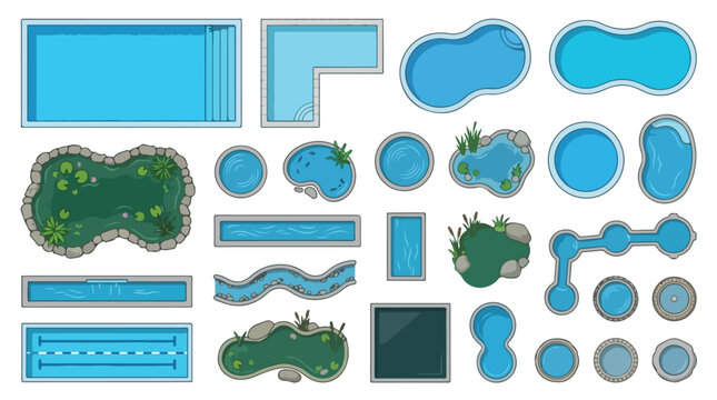 Swimming pool and garden pond top view icons, 25 vector elements for landscape design, backyard water feature and pool construction set