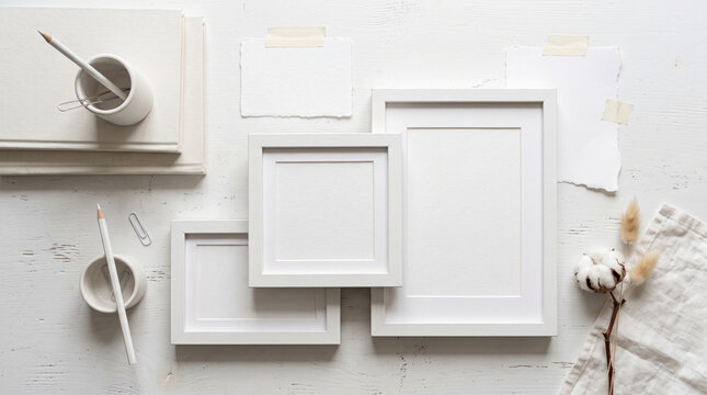 Minimalist White Picture Frame Mockup Set with Stationery and Dried Flowers on Textured Background for Creative Artistic Displays