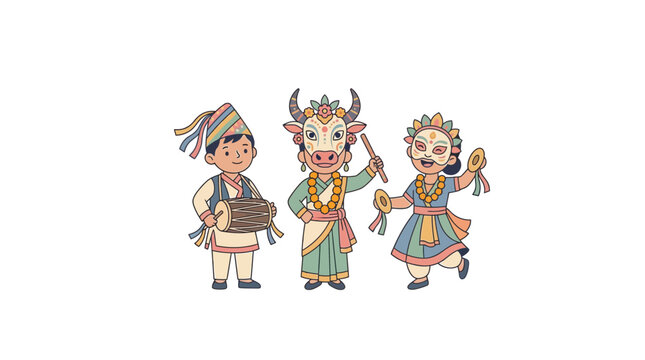 Children in Traditional Nepali Attire Celebrating Gai Jatra Festival with Music and Dance