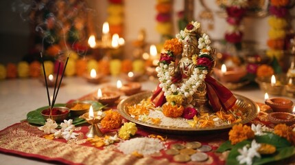 Fototapeta premium Hindu Goddess Lakshmi Idol Worship Setup with Traditional Oil Lamps and Flowers for Diwali Festival Puja Ceremony at Home