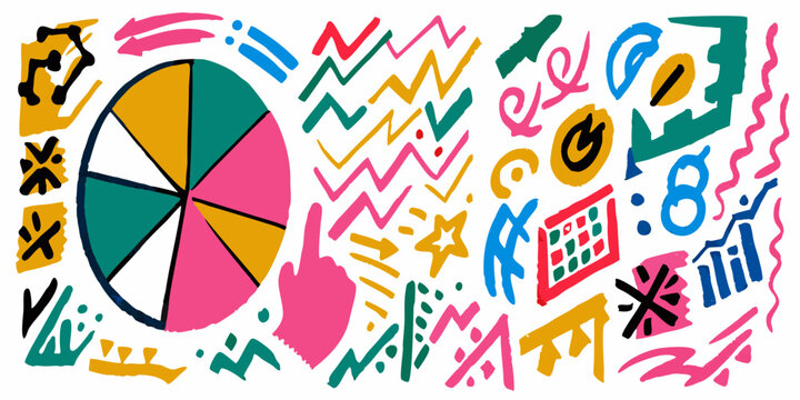Colorful vector illustration of a pie chart with abstract shapes and lines