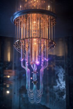 Futuristic quantum computing device displayed in a modern setting with glowing lights and elegant structure