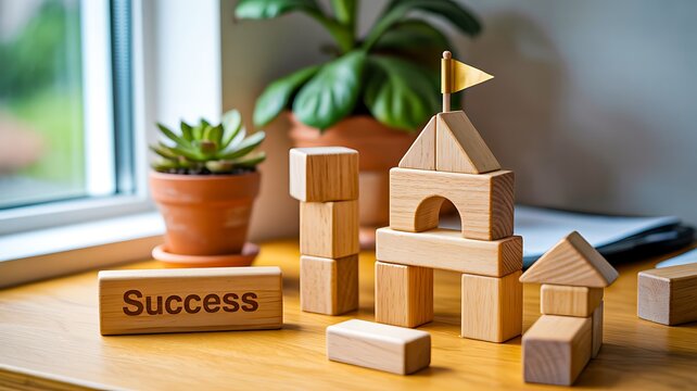 Wooden building blocks with success concept for business growth and development