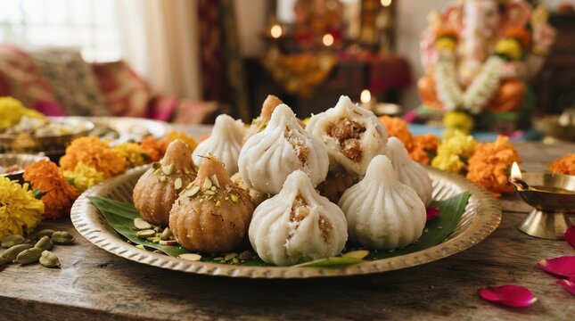 Traditional Indian Modak Sweet Dumplings on Brass Plate for Ganesh Chaturthi Festival Celebration Offering Concept with Marigold Flowers and Diya Oil Lamp