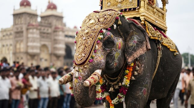 Majestic decorated elephant adorned with traditional gold ornaments and floral garlands during a cultural procession in front of an ancient palace architecture