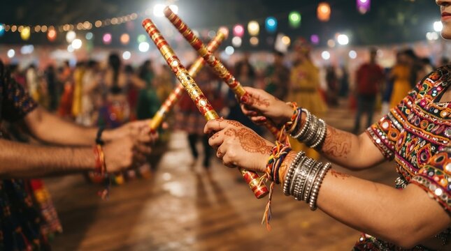 Young Indian woman and man performing traditional Dandiya Raas folk dance with colorful decorated sticks during festive celebration at night
