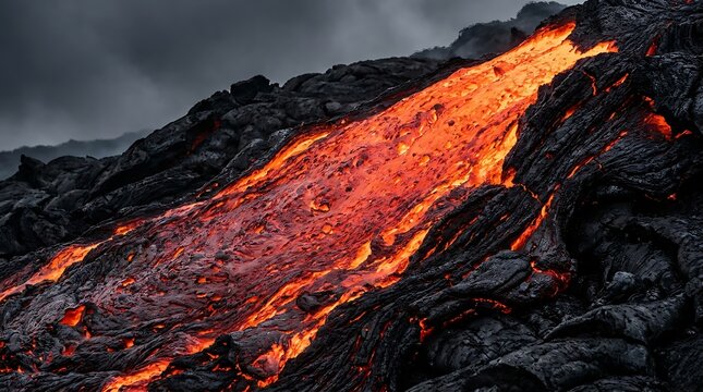 Molten lava flow on volcanic rock. Glowing magma stream texture and geological background.