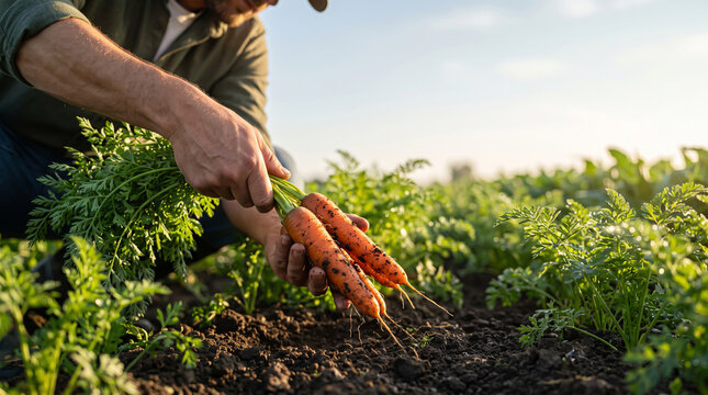 Soil-clotted carrot roots being gently lifted from fertile dark earth during a sunset harvest as natural textures of the organic crop are revealed.