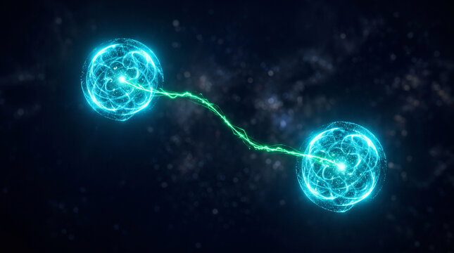 Abstract representation of quantum error correction concept with two glowing blue entangled particles connected by a green energy beam in space