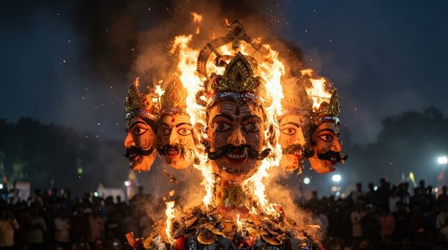 Burning multi-headed effigy of a mythological demon king at night during a traditional cultural festival, symbolizing the victory of good over evil and triumph