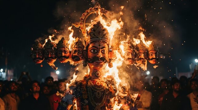 Burning multi-headed effigy of a mythological demon king at night, traditional cultural celebration, symbolic victory of good over evil, dramatic fire photography