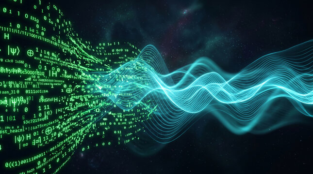 Quantum gate array concept background featuring green binary code transforming into glowing blue digital data waves in deep space