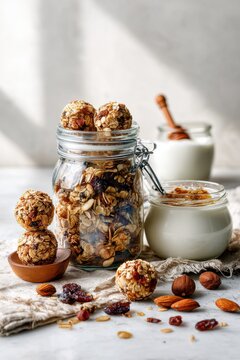 Healthy snack setup with jar of granola balls and yogurt on wooden table in bright kitchen during daytime