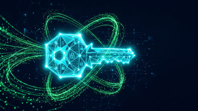 Quantum internet concept network security with glowing digital key and abstract cyber data protection on a high tech background