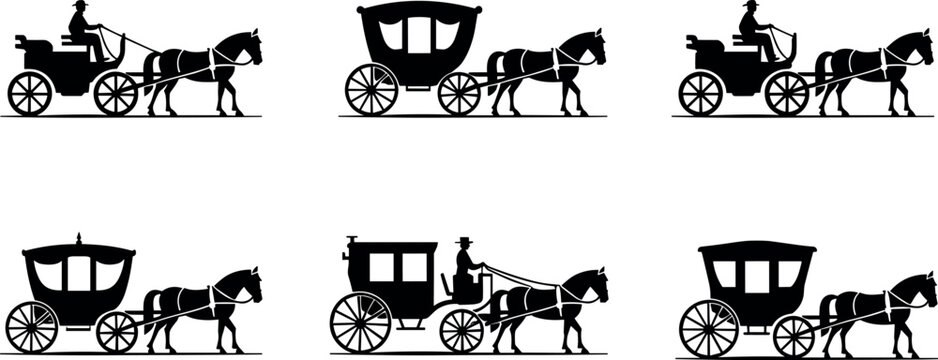 Vintage horse carriage silhouette vector set featuring historical wagons and stagecoaches with drivers on white background